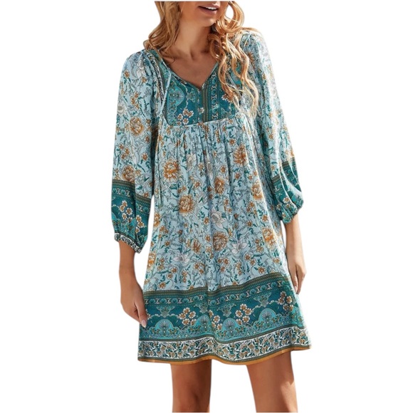 Jodifl Teal & Tan Floral & Paisley Bohemian Pullover Flowy Midi Dress - Large - Picture 1 of 12